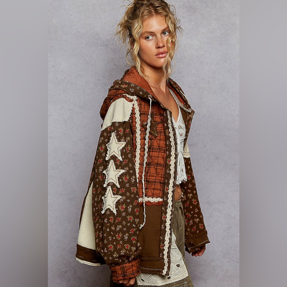 POL Brown Boho Vibes Star & Peace Patch Floral mix Hoodie Jacket Relaxed Fit